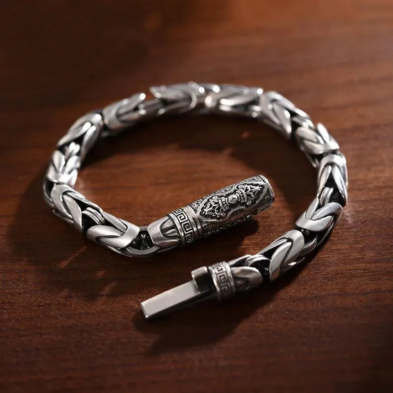 Handmade Retro Thai Silver Braided Bracelet with Diamond Detail