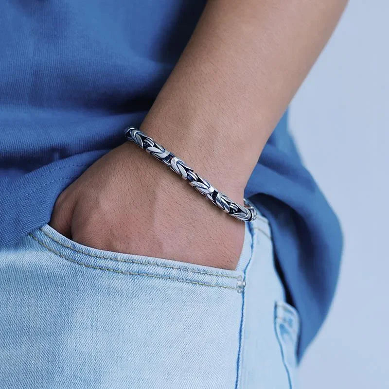 Handmade Retro Thai Silver Braided Bracelet with Diamond Detail